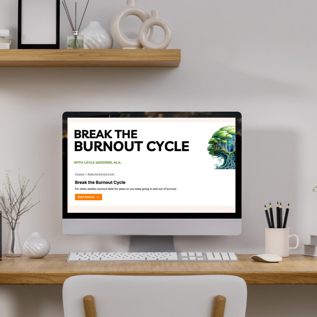 Mockup of the Break the Burnout Cycle program by Layla Messner. A minimalist computer desk setup with the course displayed on the monitor.